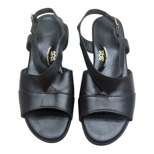SAS Black Leather Wedge Sandals Tripad Comfort Ankle Strap Size 8 W USA